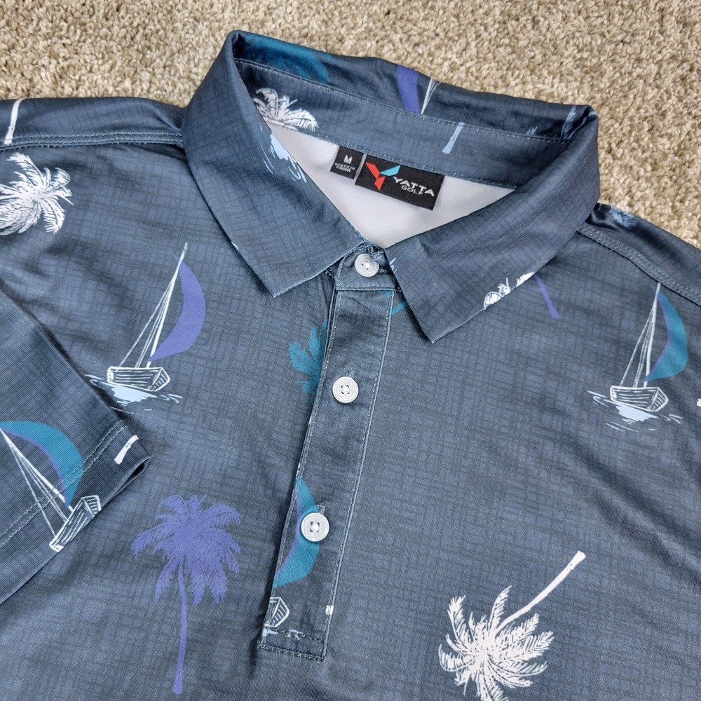 Yatta Golf Mens Medium Gray All Over Floral Palm Tree Performance Stretch Polo